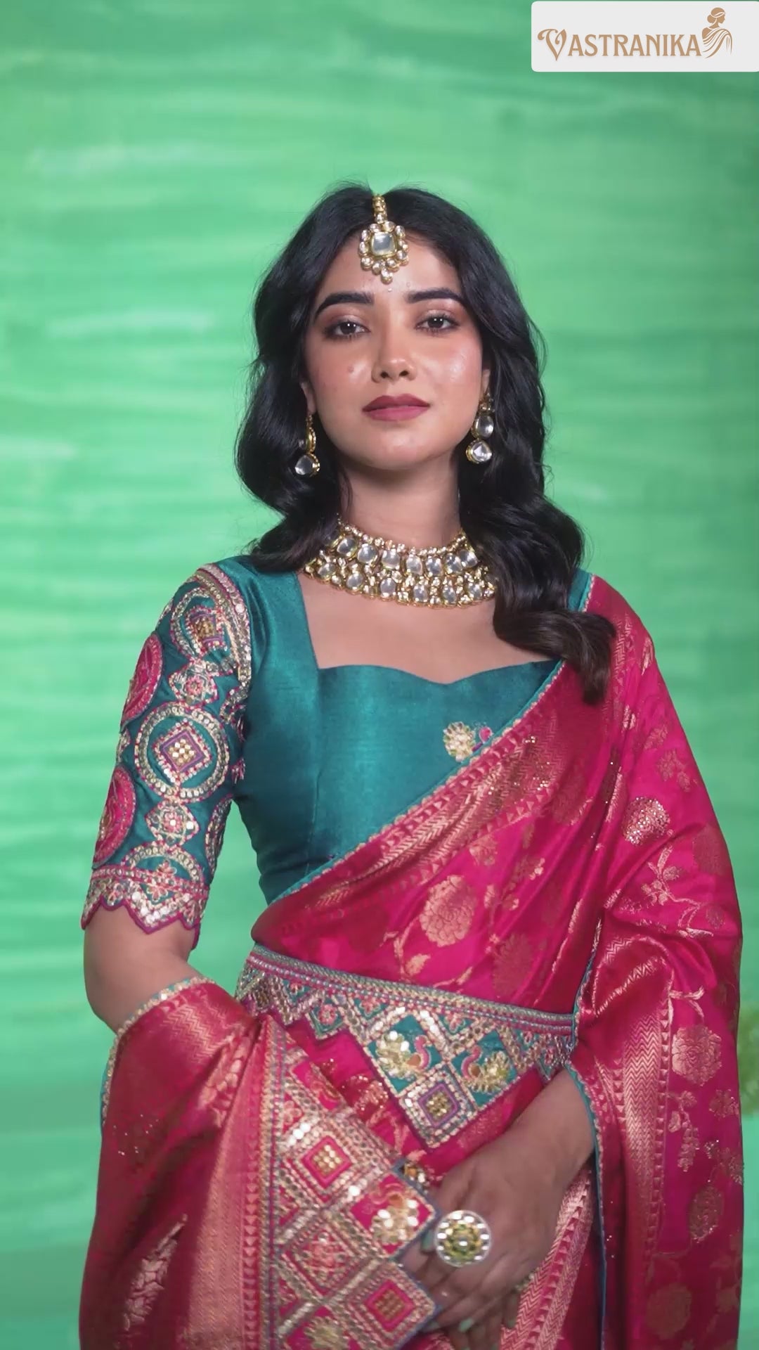 Rani Pink Pure Dola Silk Saree with Teal Blue Blouse & Embroidered Belt 11511  – Raj Kanya Collection | Vastranika
