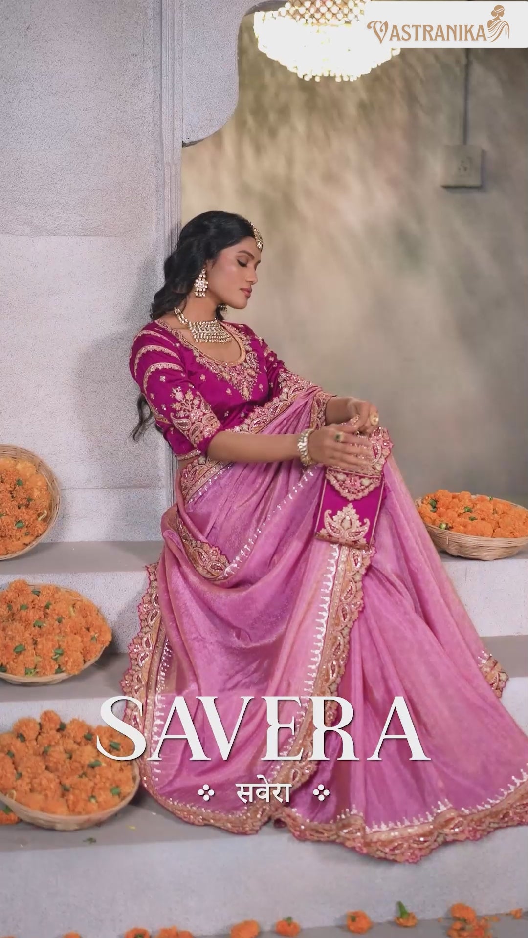 Rose Mauve Jacquard Chinon Crepe Silk Saree with Designer Blouse & Handcrafted Purse – Vastranika 1006
