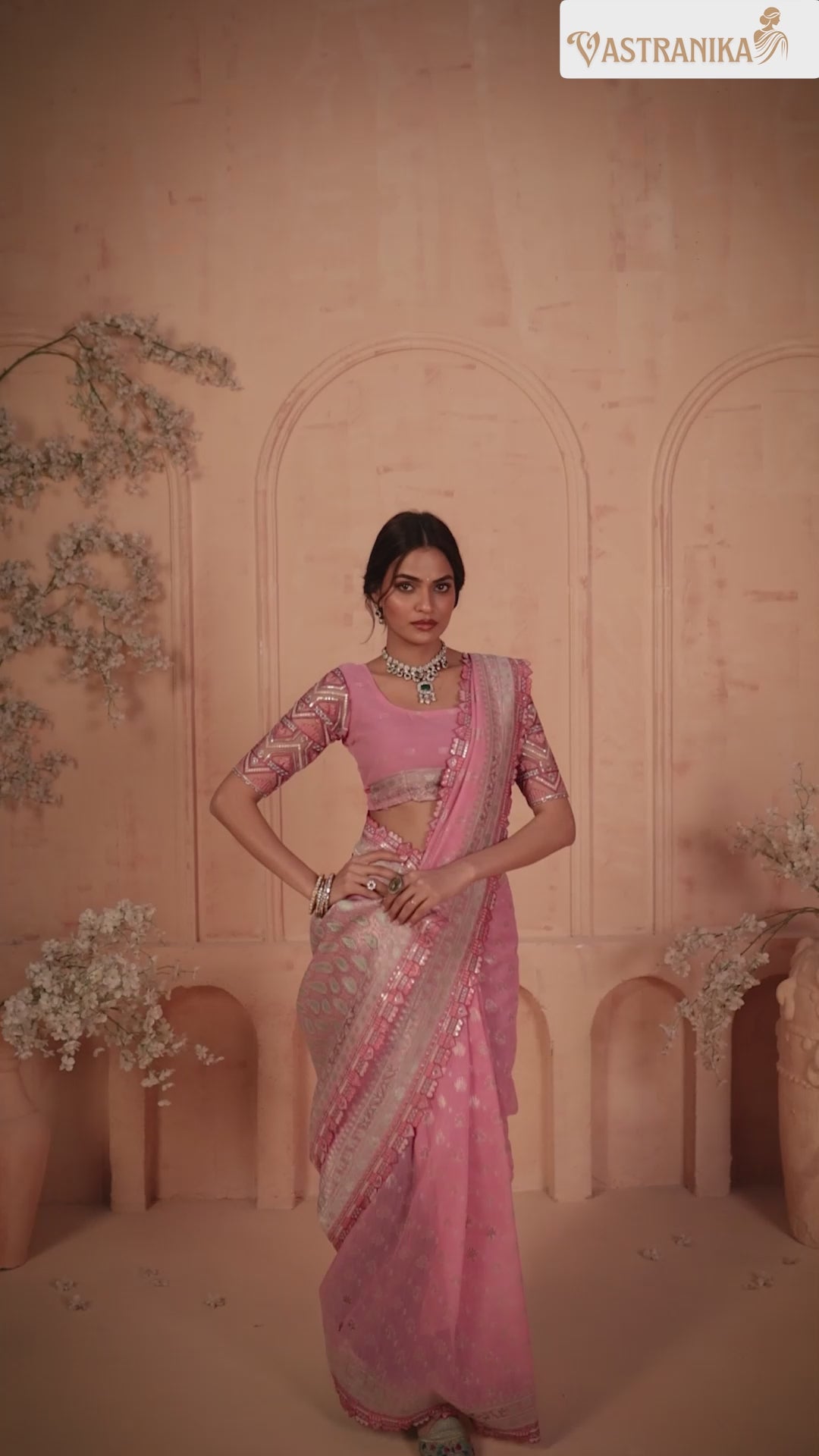 Blush Pink Khadi Silk Saree with Intricate Embroidered Border & Designer Blouse – Srivalli Collection | Vastranika