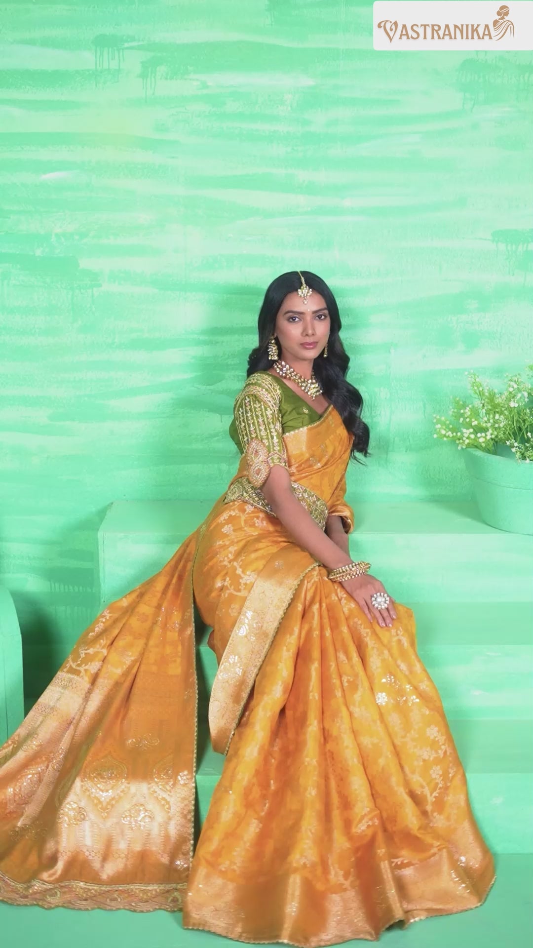 Amber Gold Pure Dola Silk Saree with Olive Green Blouse & Designer Belt 11512  – Raj Kanya Collection | Vastranika