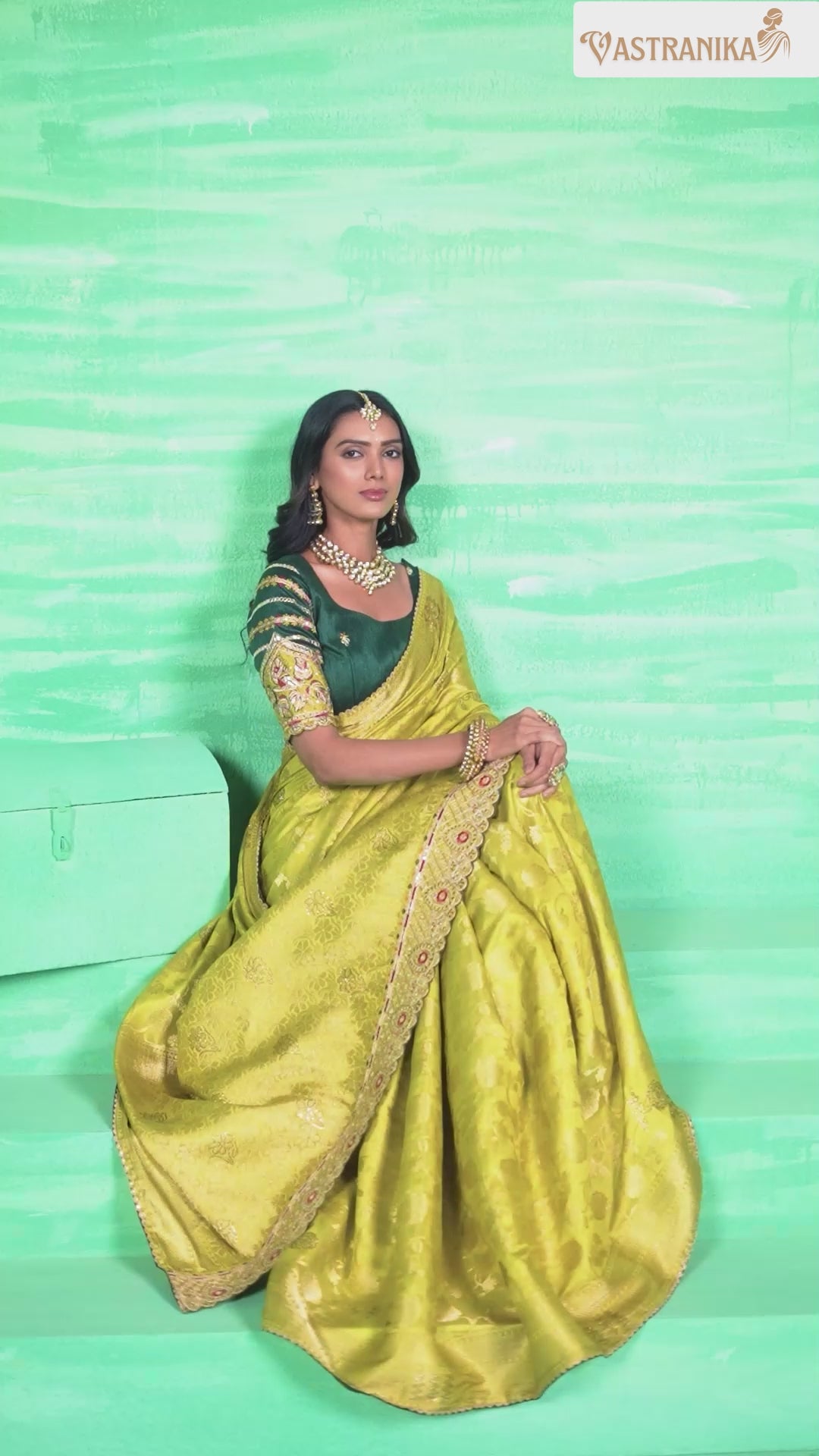 Lime Gold Pure Dola Silk Saree with Emerald Green Blouse & Embroidered Belt 11515 – Raj Kanya Collection | Vastranika