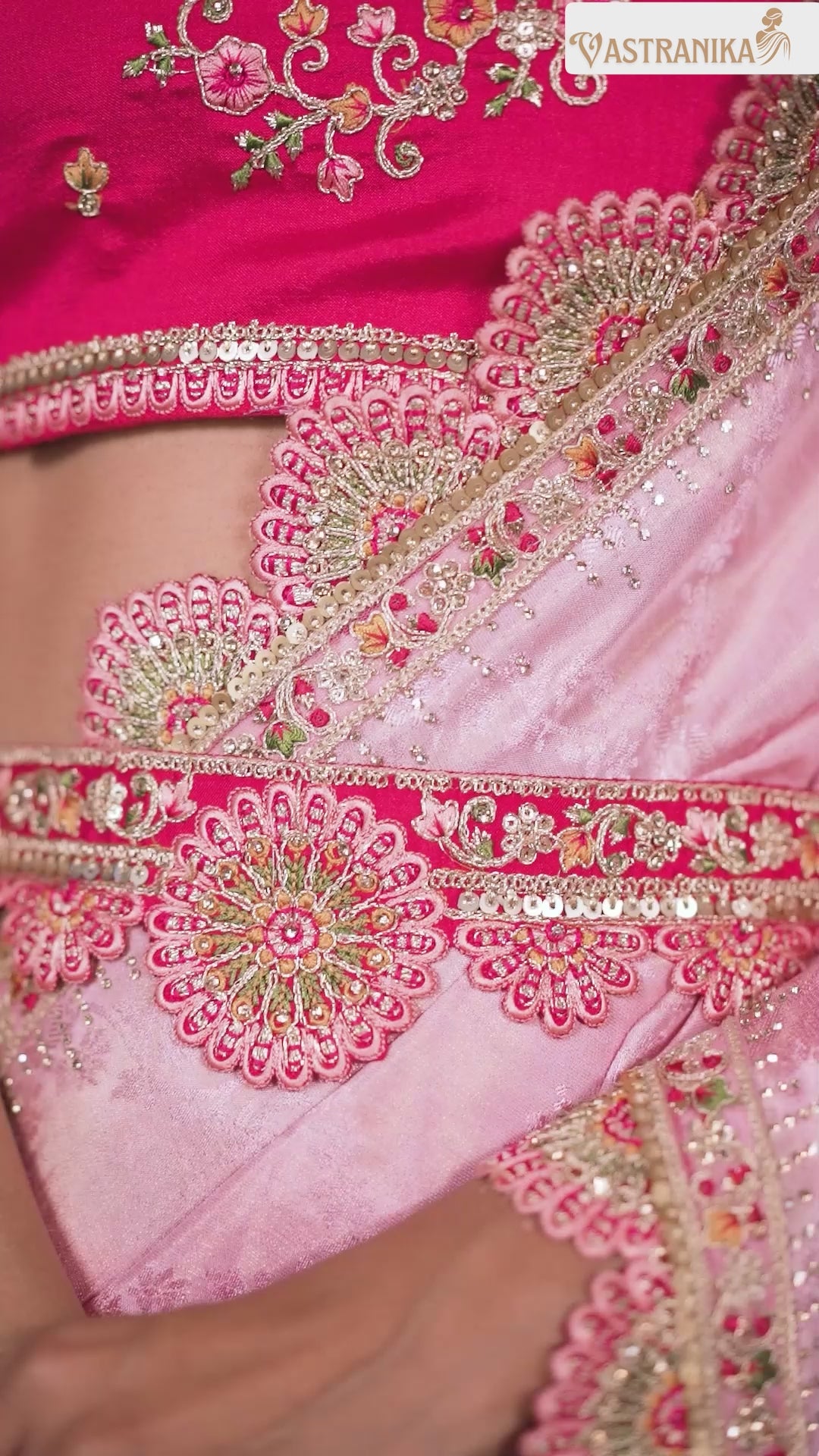 Blush Petal Pink Crepe Silk Saree with Designer Blouse & Hand-Embroidered Purse – by Vastranika 1004